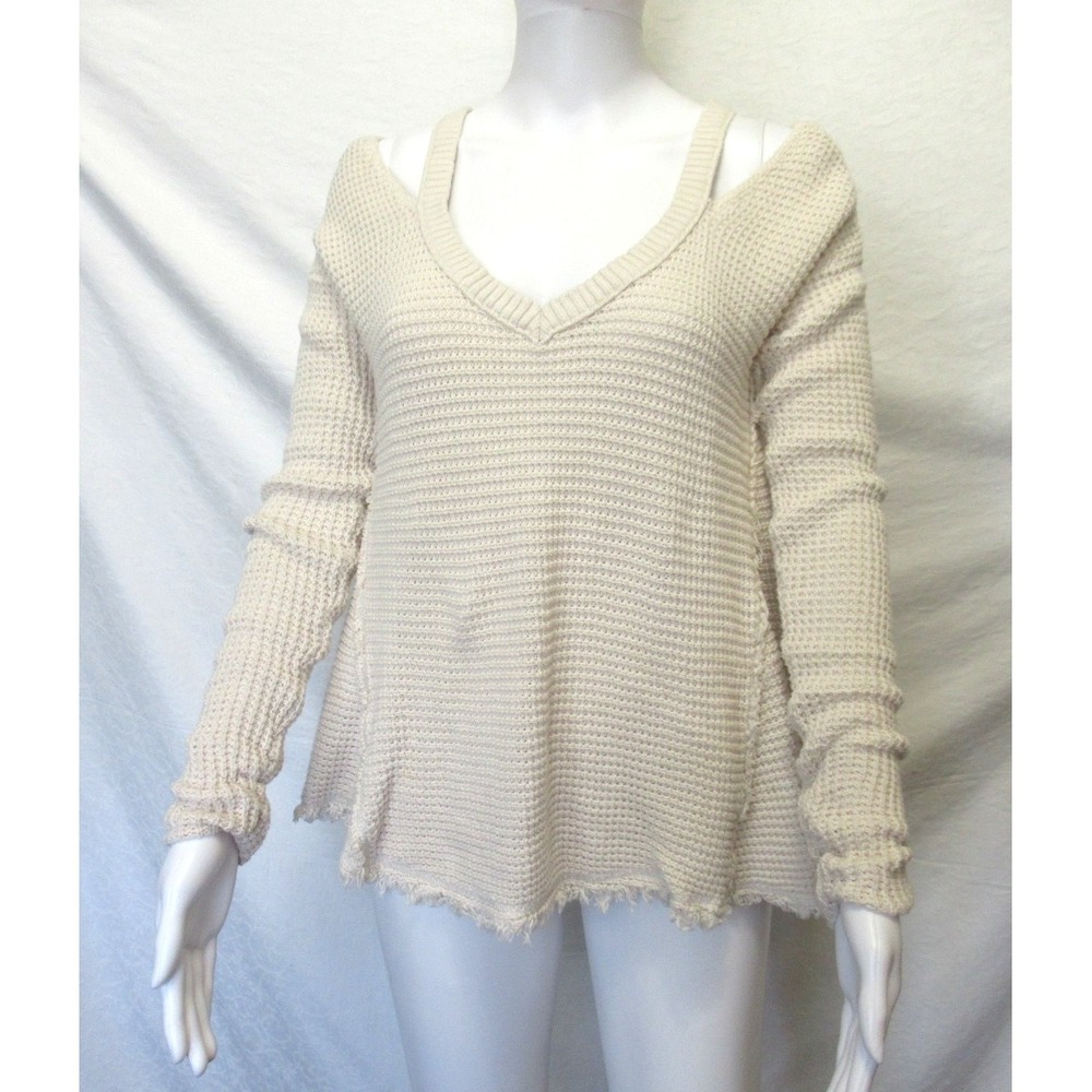 Free People Women's Size XS Ivory Waffle Knit Sunrise Cold Shoulder Sweater